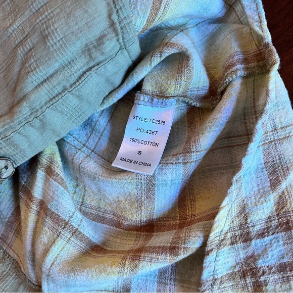 GIGIO Mixed Patchwork Button Down Short Sleeve Shirt Top Size Small Sage Green - Picture 6 of 11